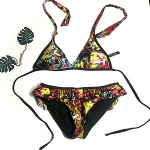 COPY - Eckored Graffiti Bikini Halter Ruffle Bottom Small